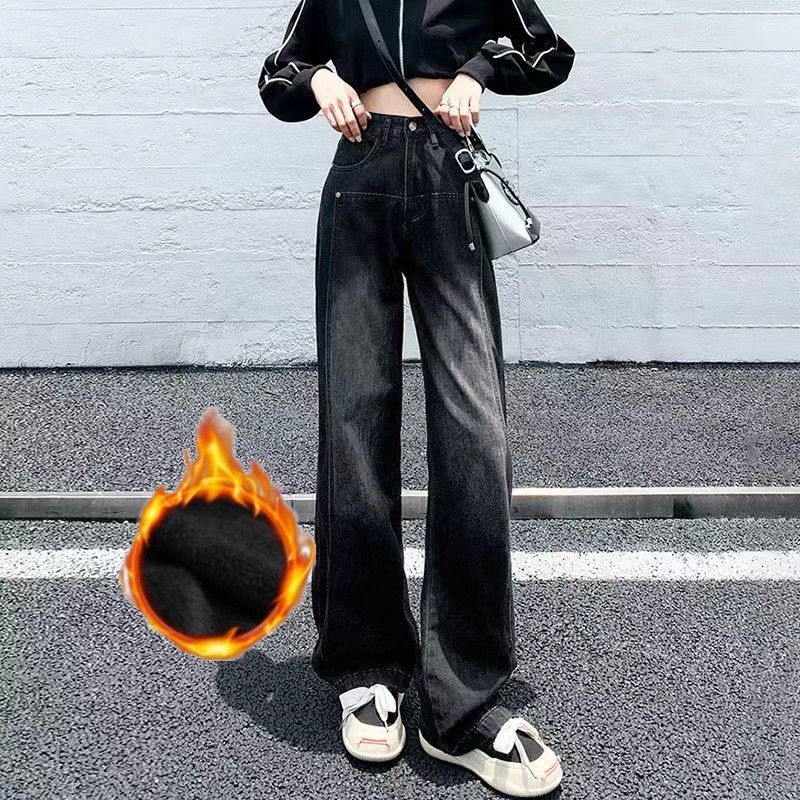薄款加绒加厚黑灰色复古高腰阔腿牛仔裤女新款宽松显瘦直筒拖地裤