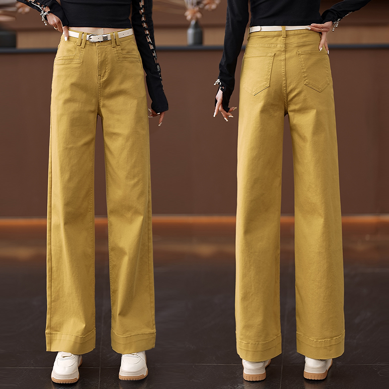 姜黄色牛仔阔腿裤女2025春季新款垂感休闲小个子流行窄版直筒裤子