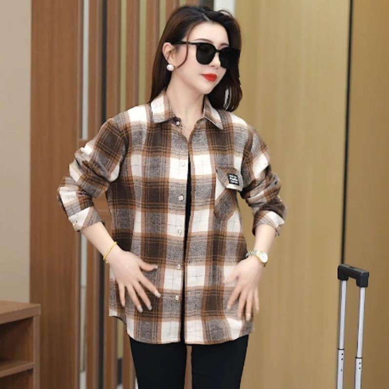 80-180斤春季新款磨毛格子衬衫 中长款宽松大码长袖外套韩版开衫