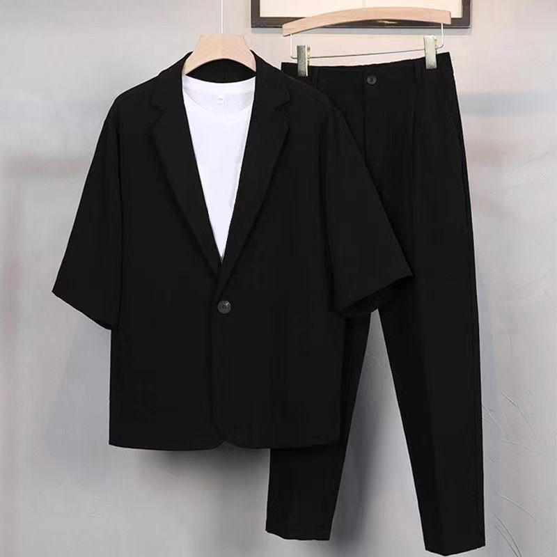 【三件套】微胖男生夏季显瘦穿搭大码短袖西服套装男士七分袖小西服