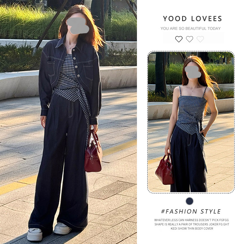 时尚复古套装女2026春秋新款格纹吊带短款外套阔腿裤显瘦三件套潮