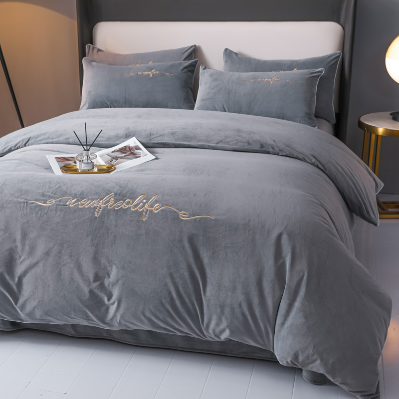 水星家纺A类牛奶绒四件套纯色毛绒被套冬天加绒双面绒联名水星