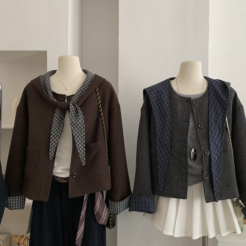 欧玛莱格纹可脱卸连帽毛呢外套女秋季新款高级感长袖上衣潮秋冬