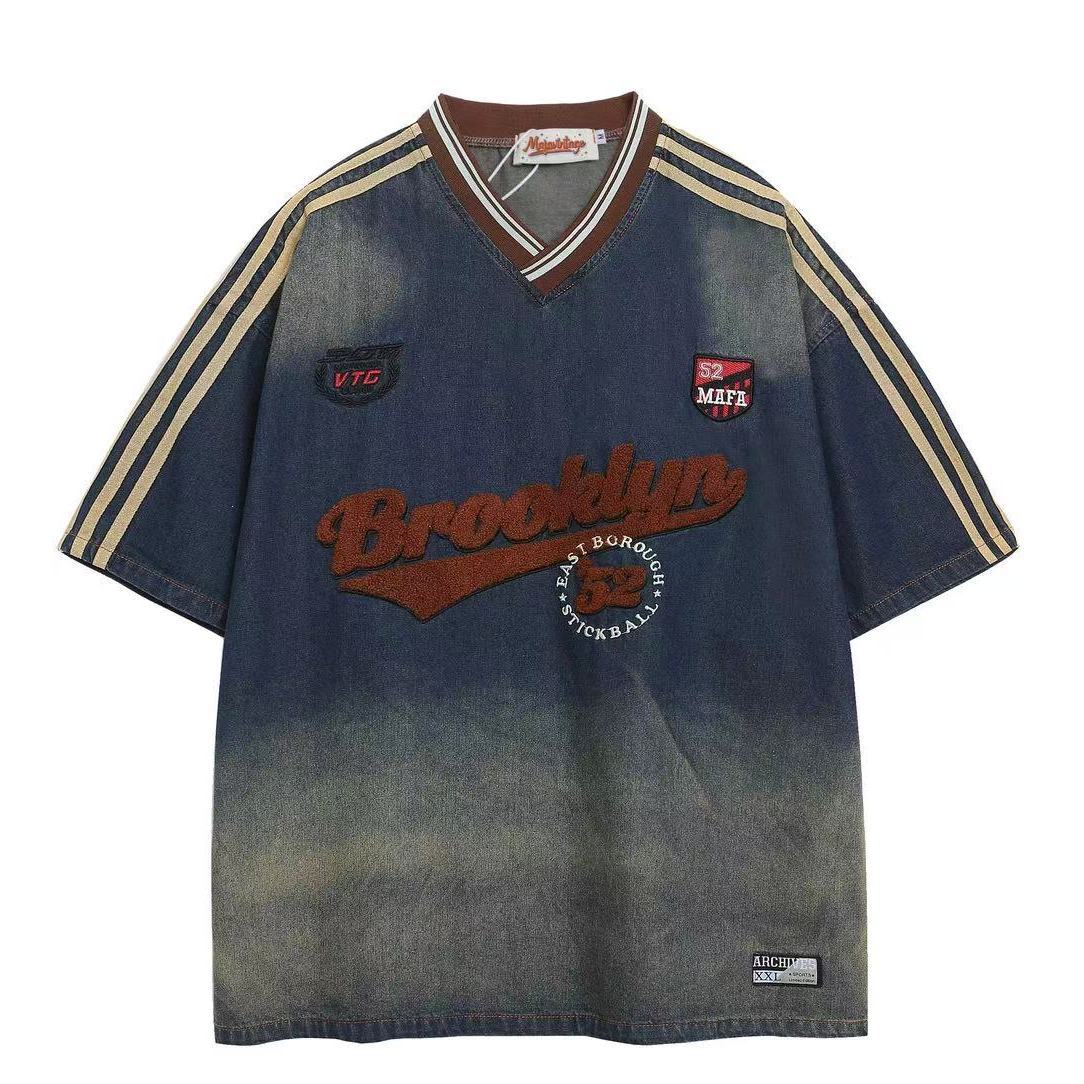 ZL新品线上美式复古学院风条纹V领设计水洗做旧牛仔男女短袖T恤@