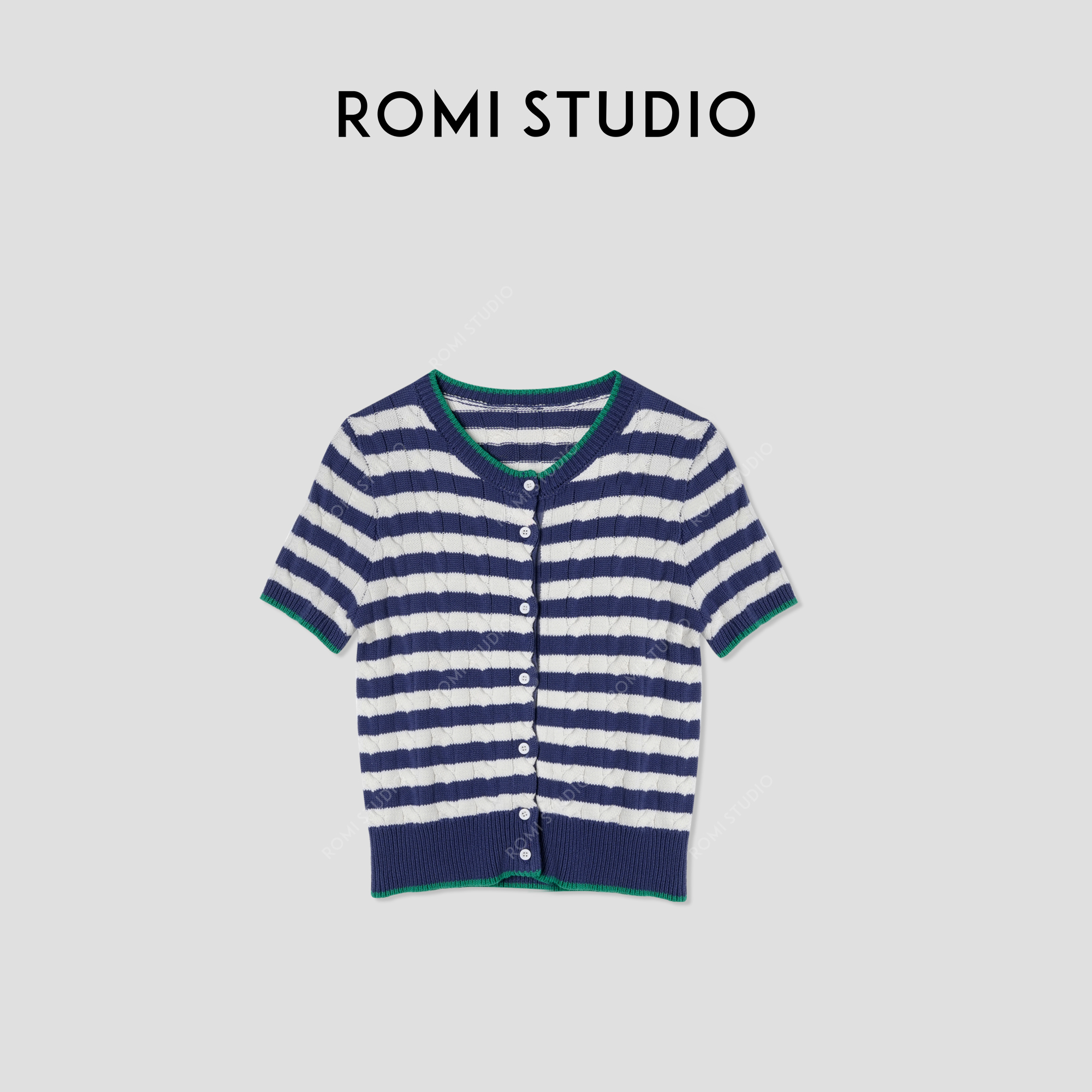 ROMI STUDIO ”美式复古“ 7针2/32棉绞花撞色条纹针织开衫422C7072