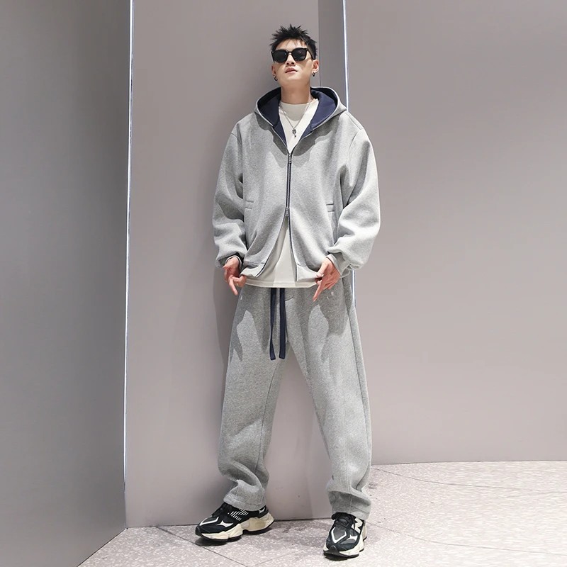 大码男装300斤美式拉链连帽卫衣套装男春秋季新款宽松运动两件套