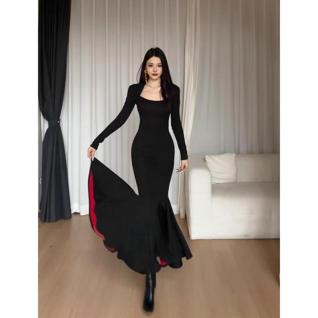 [红底步步生莲]秋冬步步生莲黑色红底鱼尾性感显瘦长裙