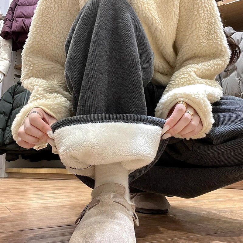 灰色羊羔绒糯米直筒裤女秋冬加绒加厚2025新款高腰垂感宽松阔腿裤