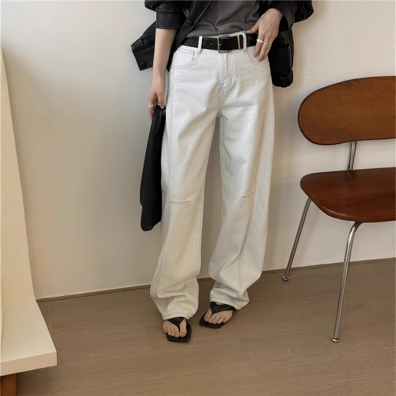 欧洲站秋季新款欧货刺绣明线口袋白色休闲牛仔弯刀裤拖地长裤裤子