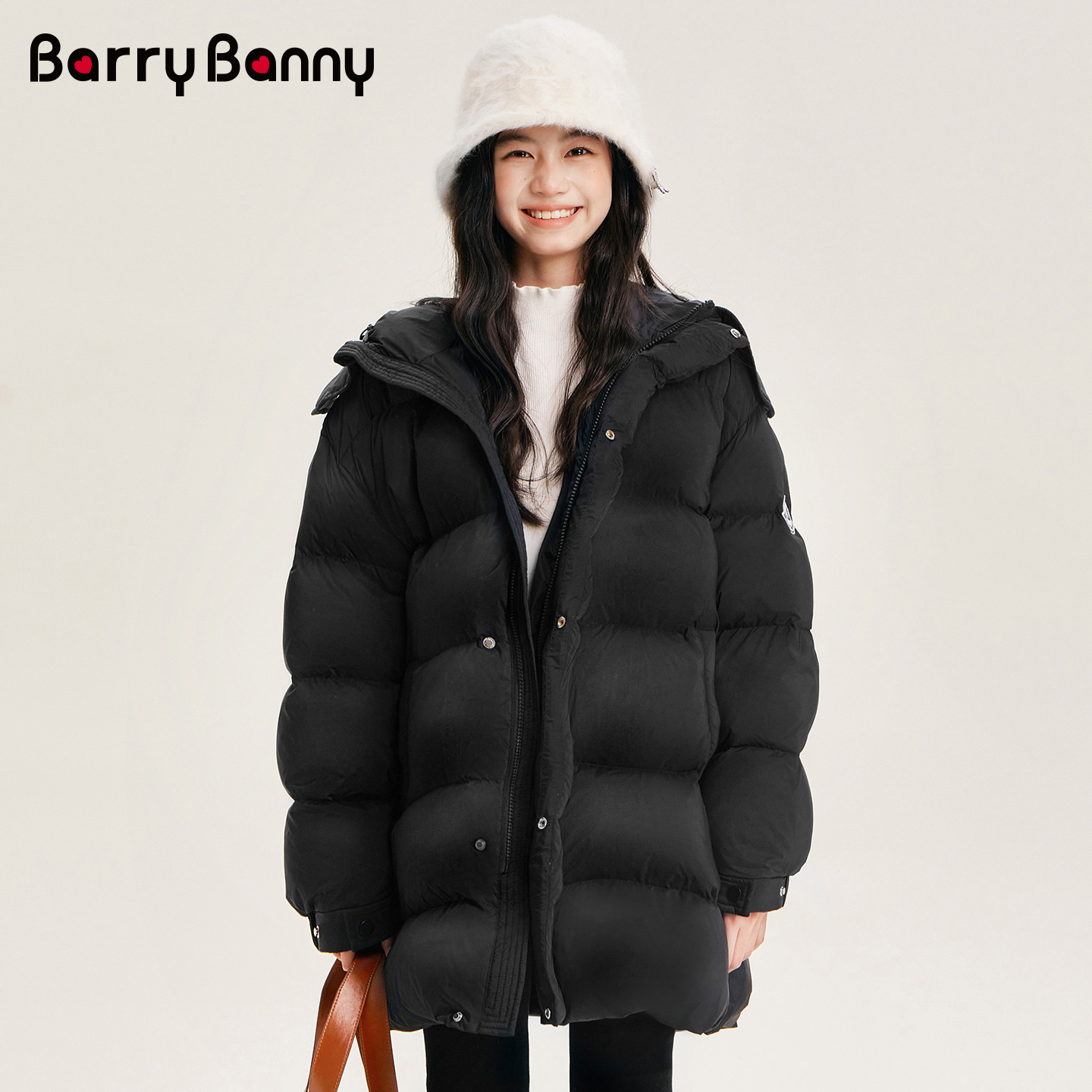 BarryBanny女童90白鸭绒中长款羽绒服2025冬季新款防水保暖外套