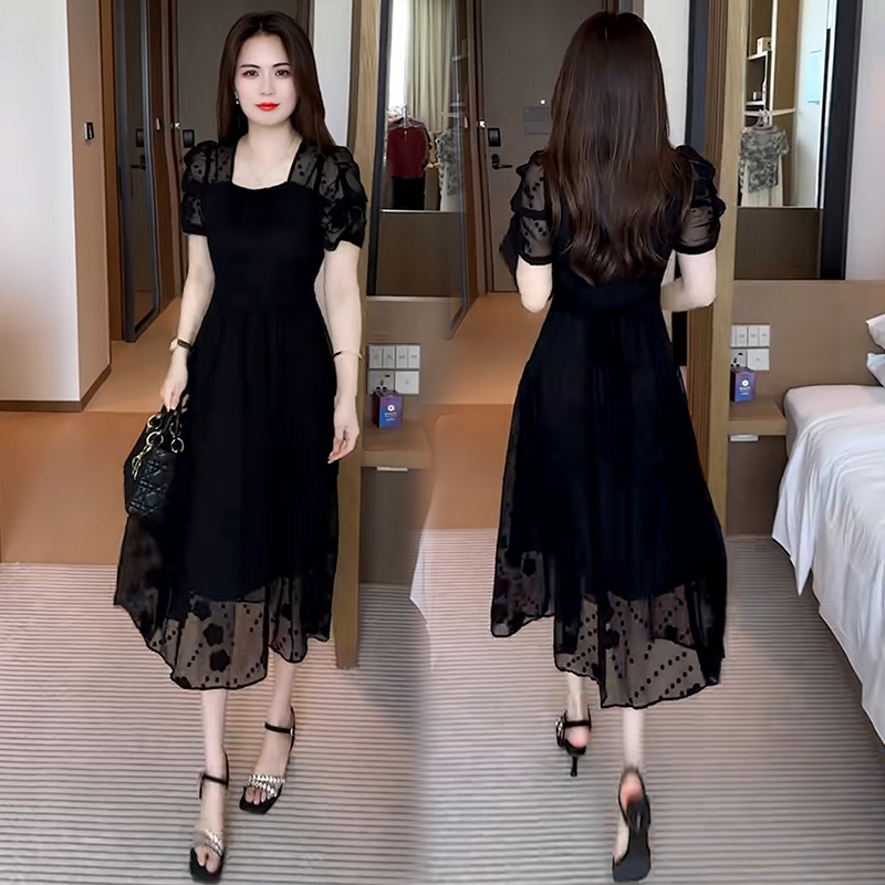 连衣裙女气质优雅2025年夏季新款时尚减龄显瘦中长款超仙网纱裙子