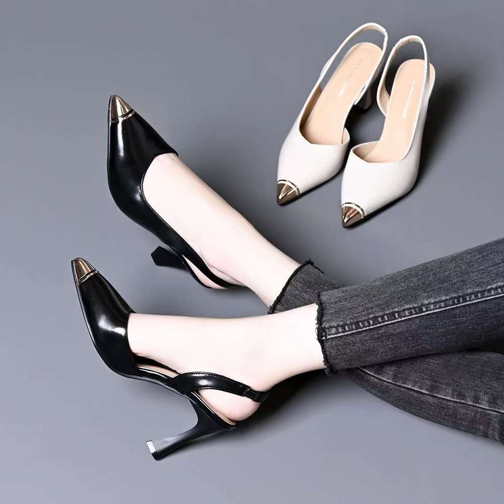 法式气质包头凉鞋女2025夏季新款金属铁头细跟高跟鞋后空百搭单鞋