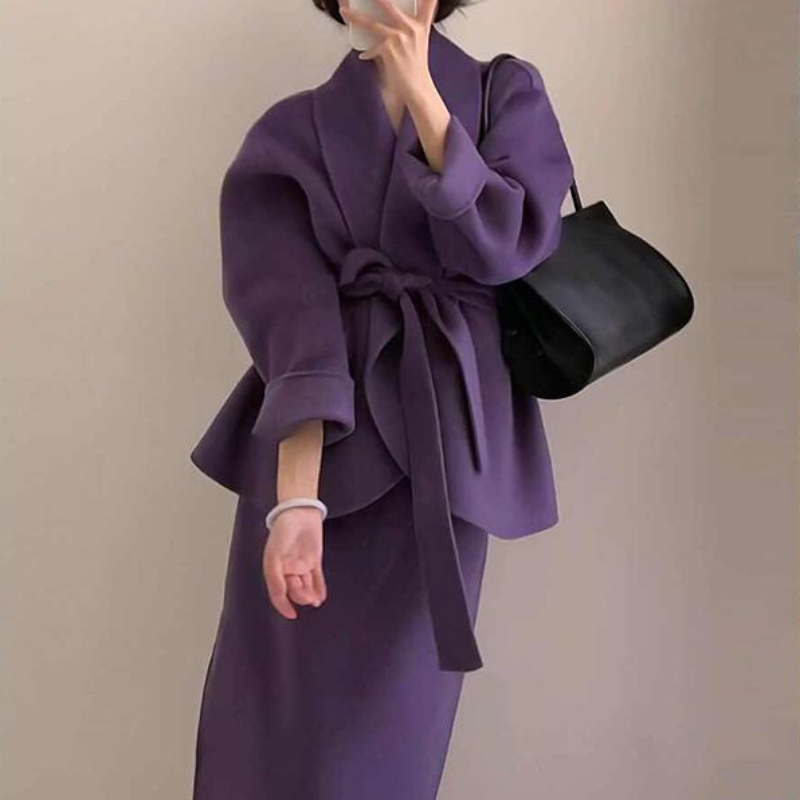 2025时尚套装复古名媛小香风紫色御姐风高级感毛呢裙两件套女秋冬