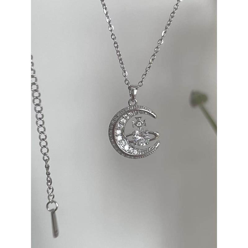 铜合金项链 铜合金项链 土星月亮项链气质满钻星球锁骨链短款颈链