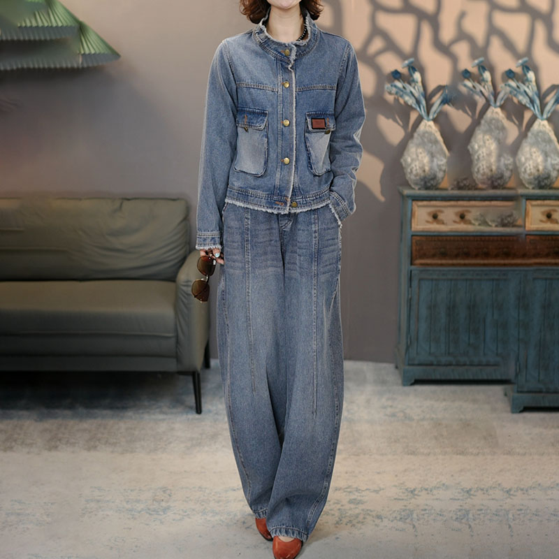 8899-6876蓝秋季套装2025秋季新款棉长袖外套裤子百搭上衣阔腿裤