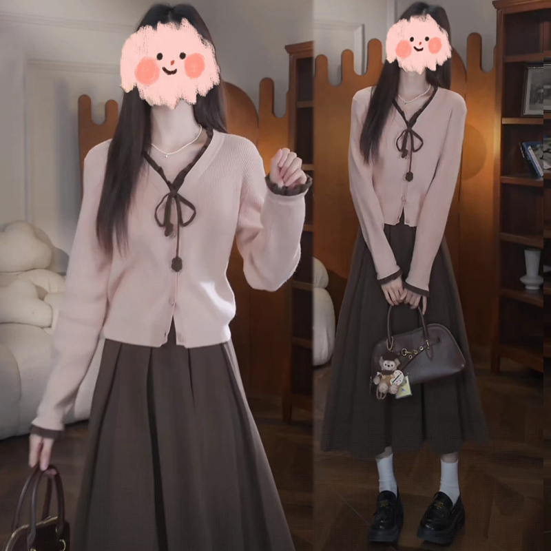 【南杏庄园】秋季新款韩系慵懒假两件针织衫高腰显瘦半裙两件套装女