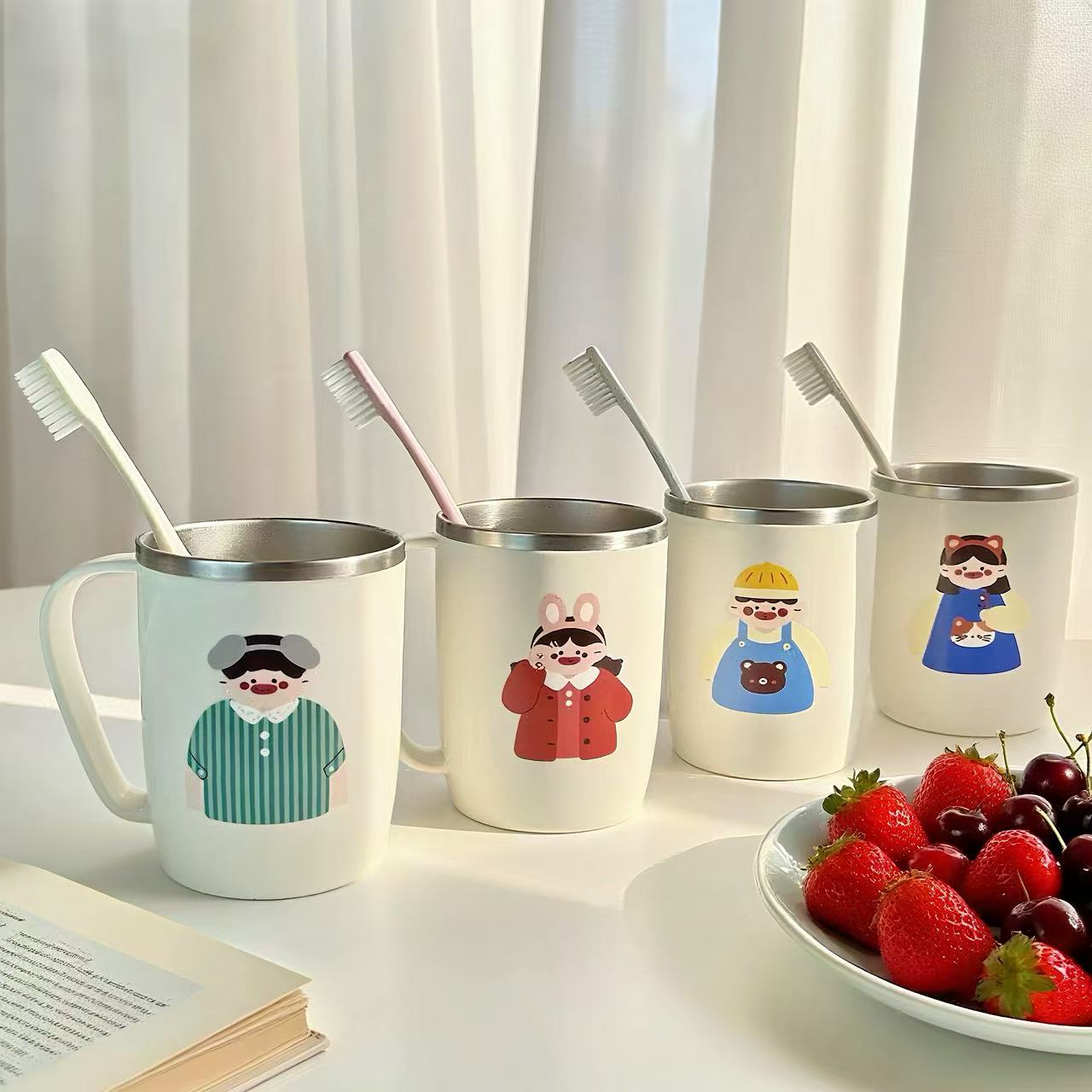 304漱口杯家用不锈钢刷牙一家三口牙缸四口亲子牙刷儿童洗漱便携