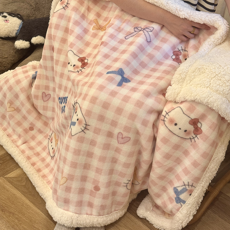 卡通格子猫咪羊羔绒毛毯被子牛奶绒秋冬季盖毯保暖沙发午睡小毯子