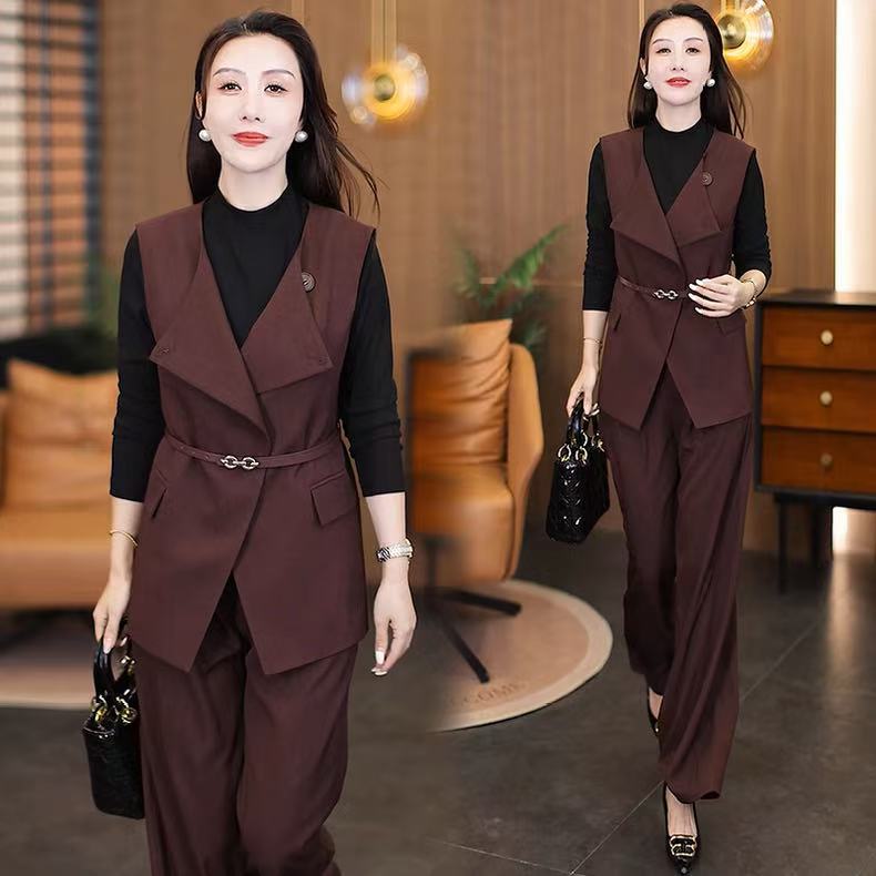 时尚套装女2025秋季新款洋气质显瘦不规则马甲打底衫阔腿裤三件套