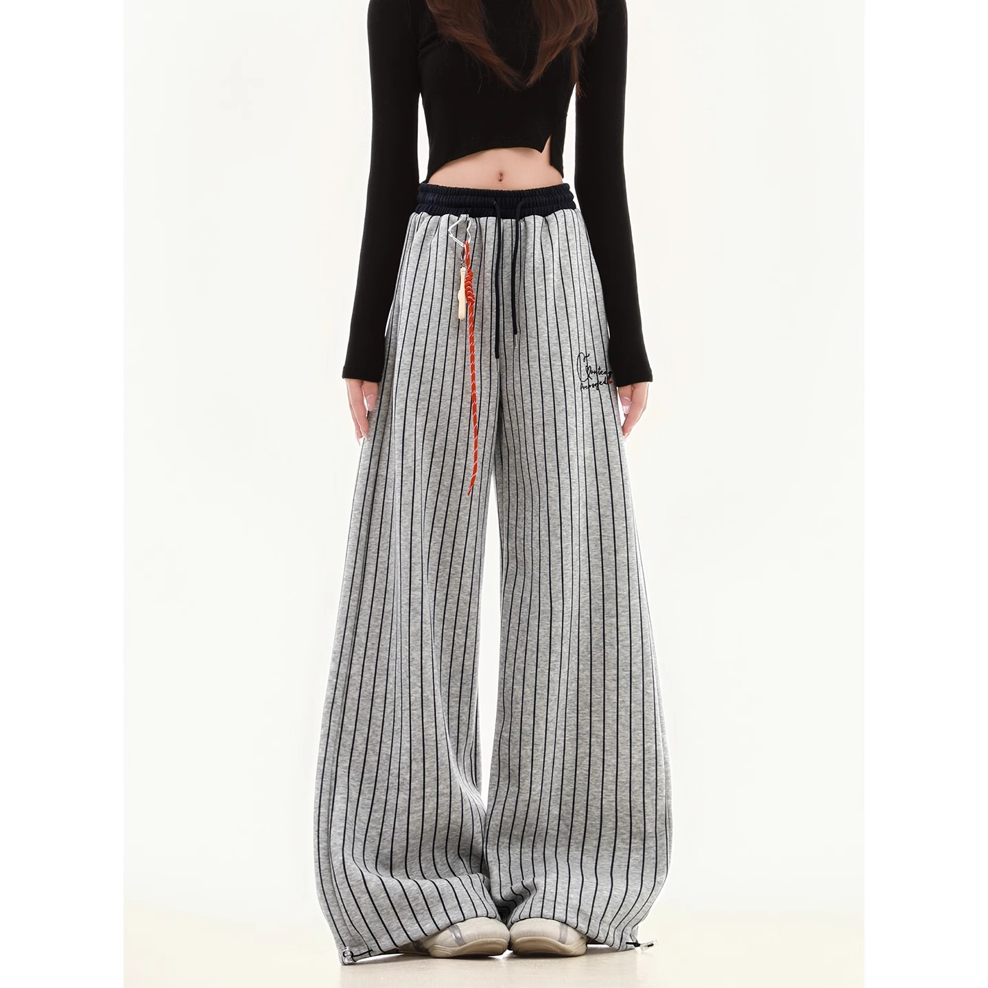 小个子复古条纹休闲卫裤女秋冬宽松慵懒风垂感显瘦直筒阔腿裤子