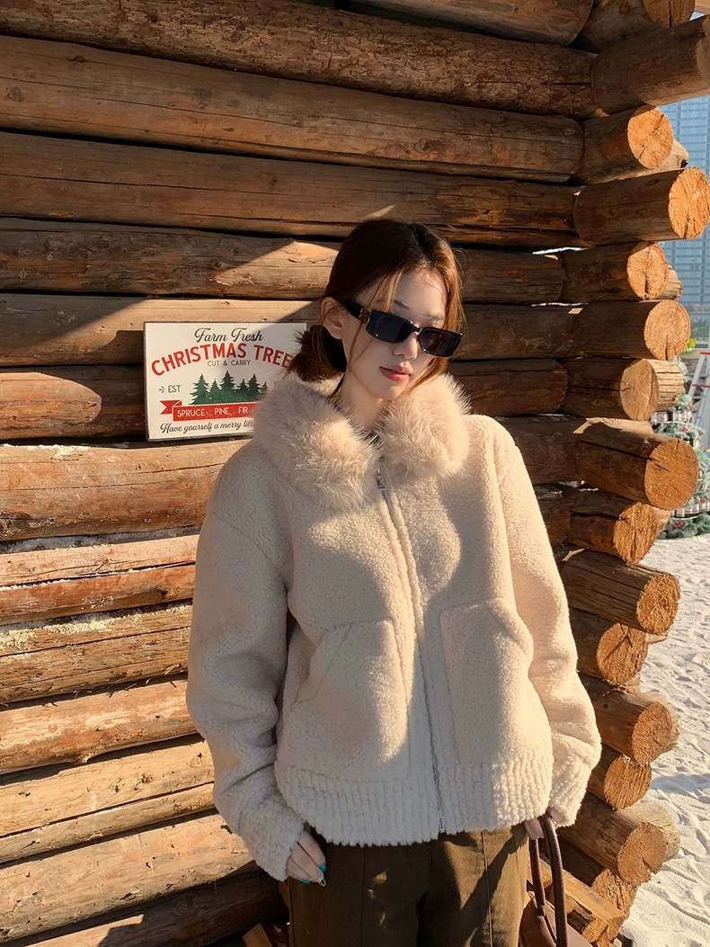 【极光雪吻】米白仿羊羔毛外套可拆卸毛领小颗粒羊羔绒外套