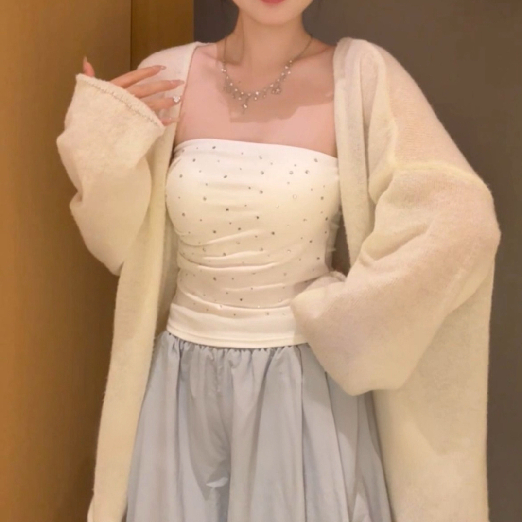 纯欲名媛风烫钻带胸垫抹胸上衣夏季外穿褶皱修身短款