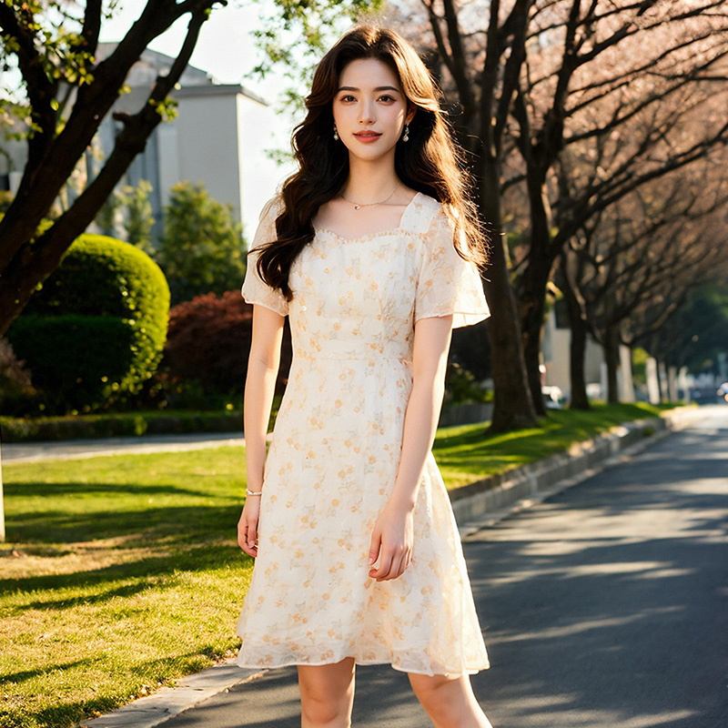 奢姿大码女装2025夏季木耳边时尚方领连衣裙胖妹妹碎花减龄裙子