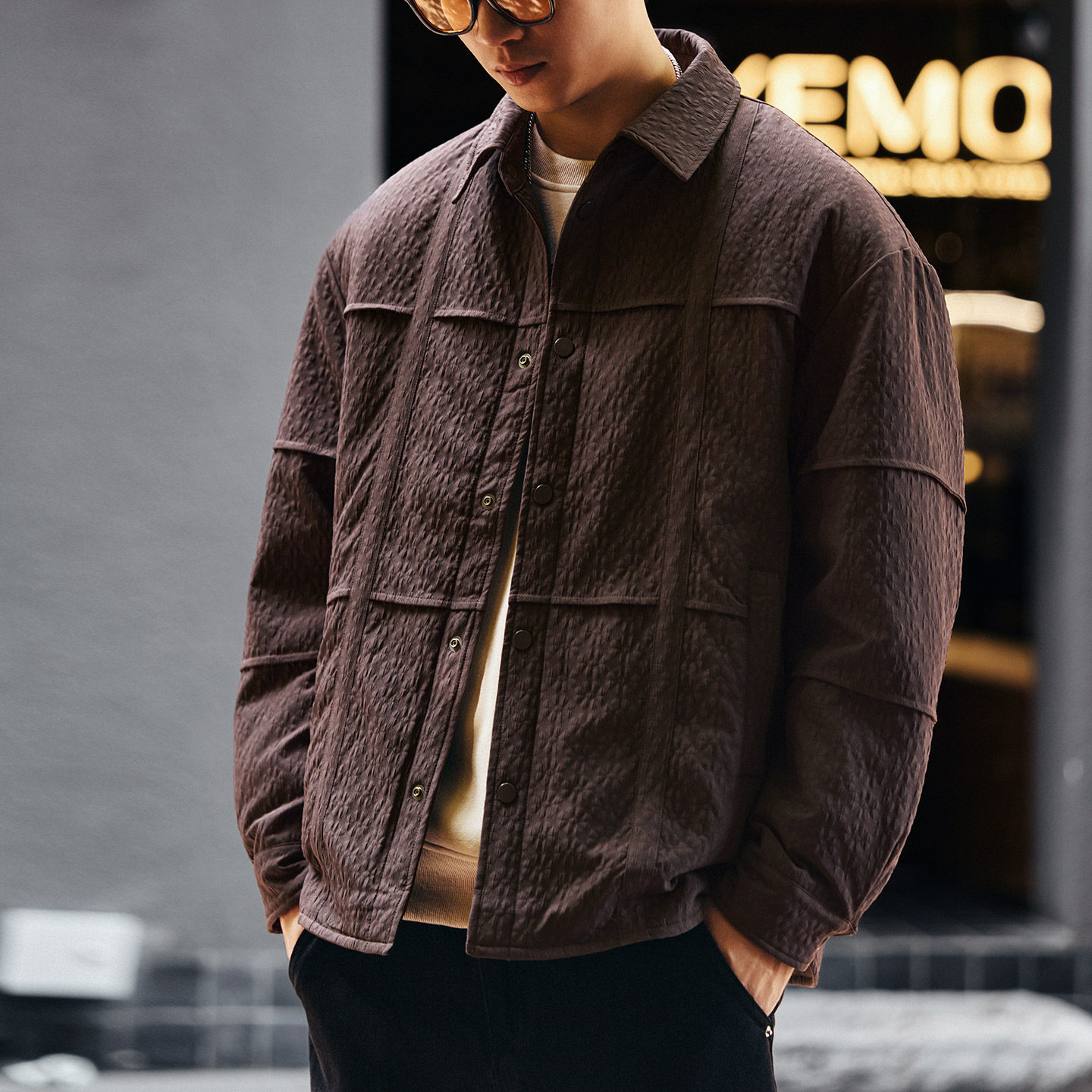 格蓝鹿高端复古压花衬衫夹克羽绒服外套男冬季潮牌拼接翻领衣服男