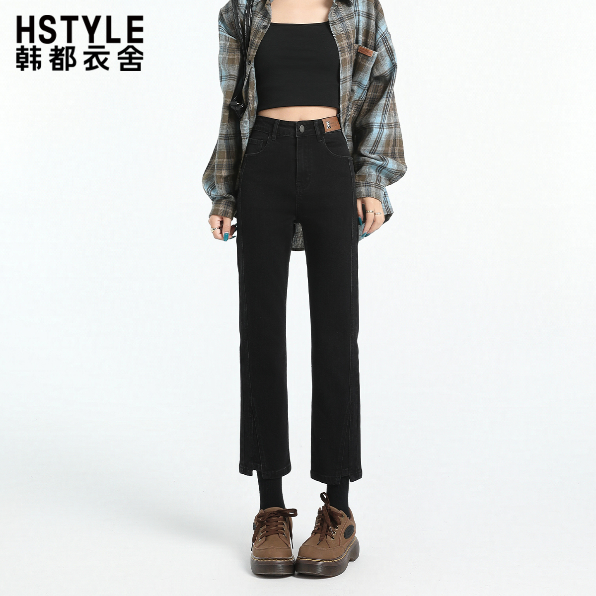 韩都衣舍黑色九分直筒牛仔裤女款2025秋冬新款高腰显瘦烟管九分裤