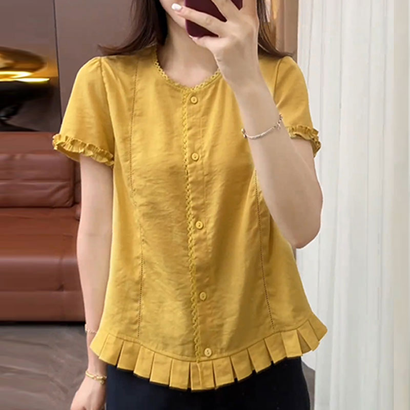 花边衬衫清爽设计感纯色衬衣开衫短袖上衣2025夏新款法式轻薄透气