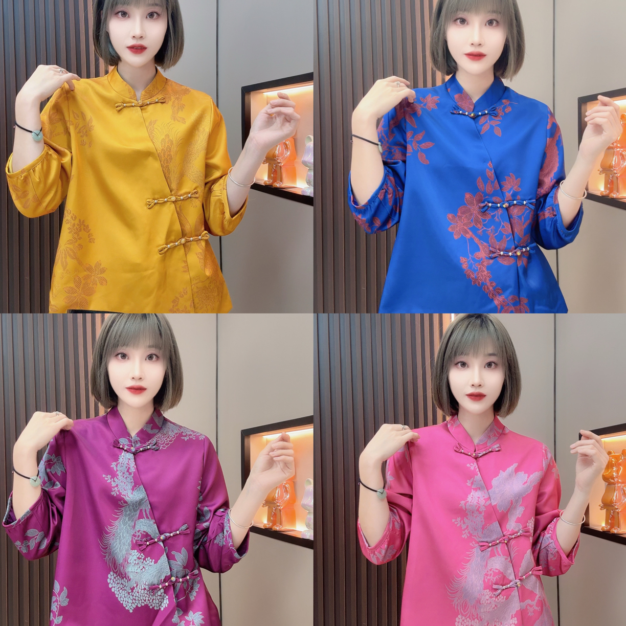 敏宝儿➕6813新中式国风斜襟盘扣提花印花女士早秋气质衬衫