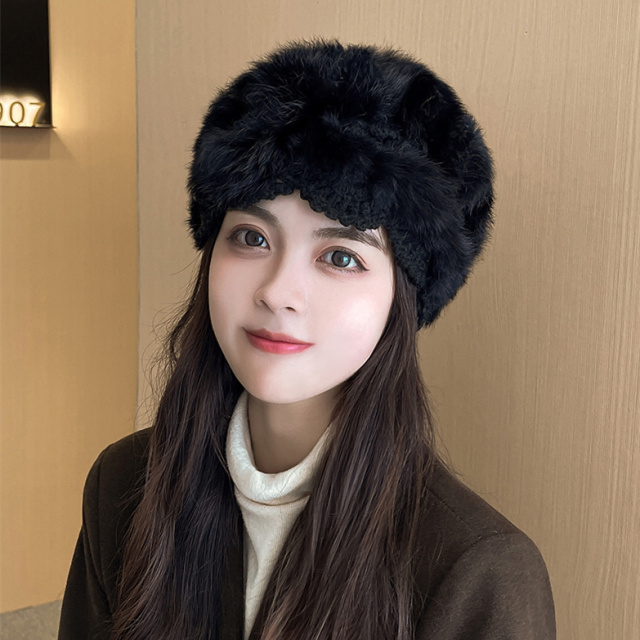 秋冬保暖手工钩针兔毛皮草针织毛线帽子女韩版可爱镂空花朵包头帽
