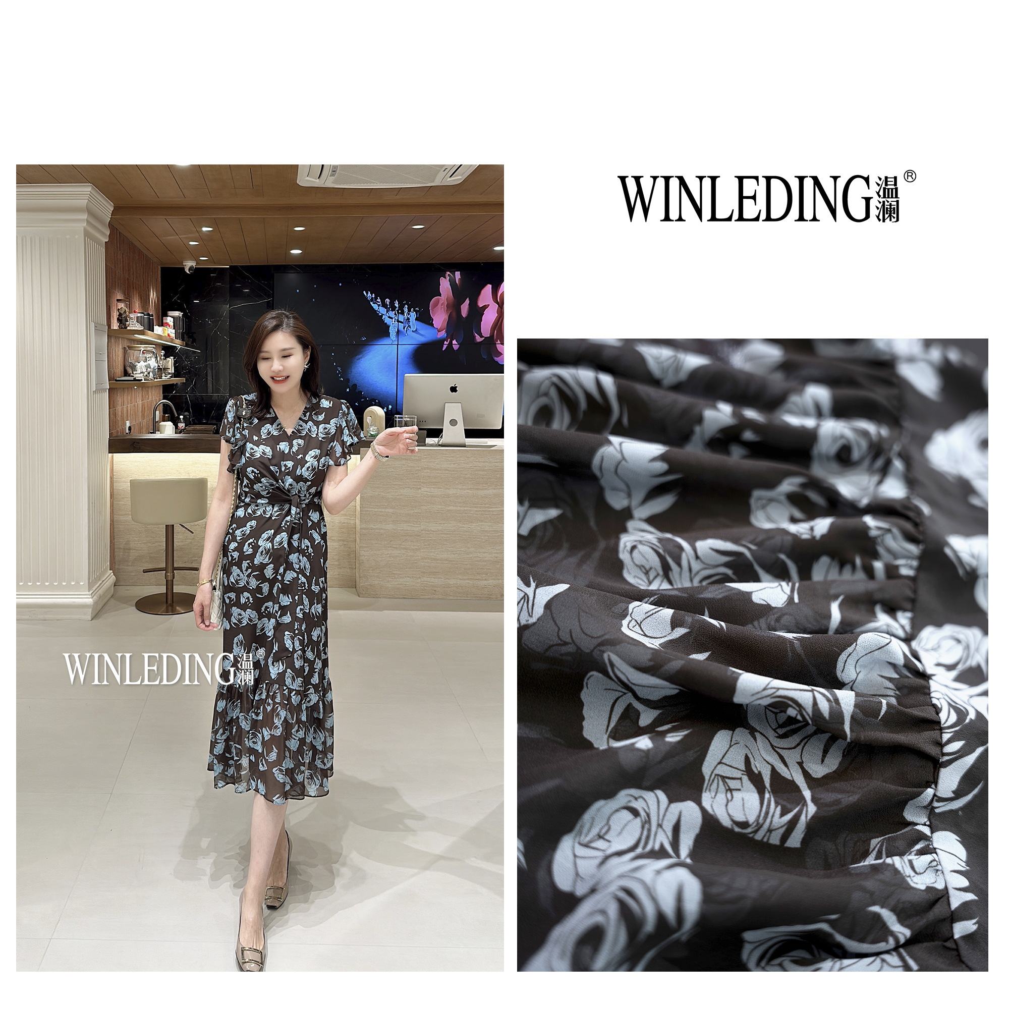 温澜服饰·雅“蓝楹”V领玫瑰系腰连衣裙子2025新款女夏高级感60901