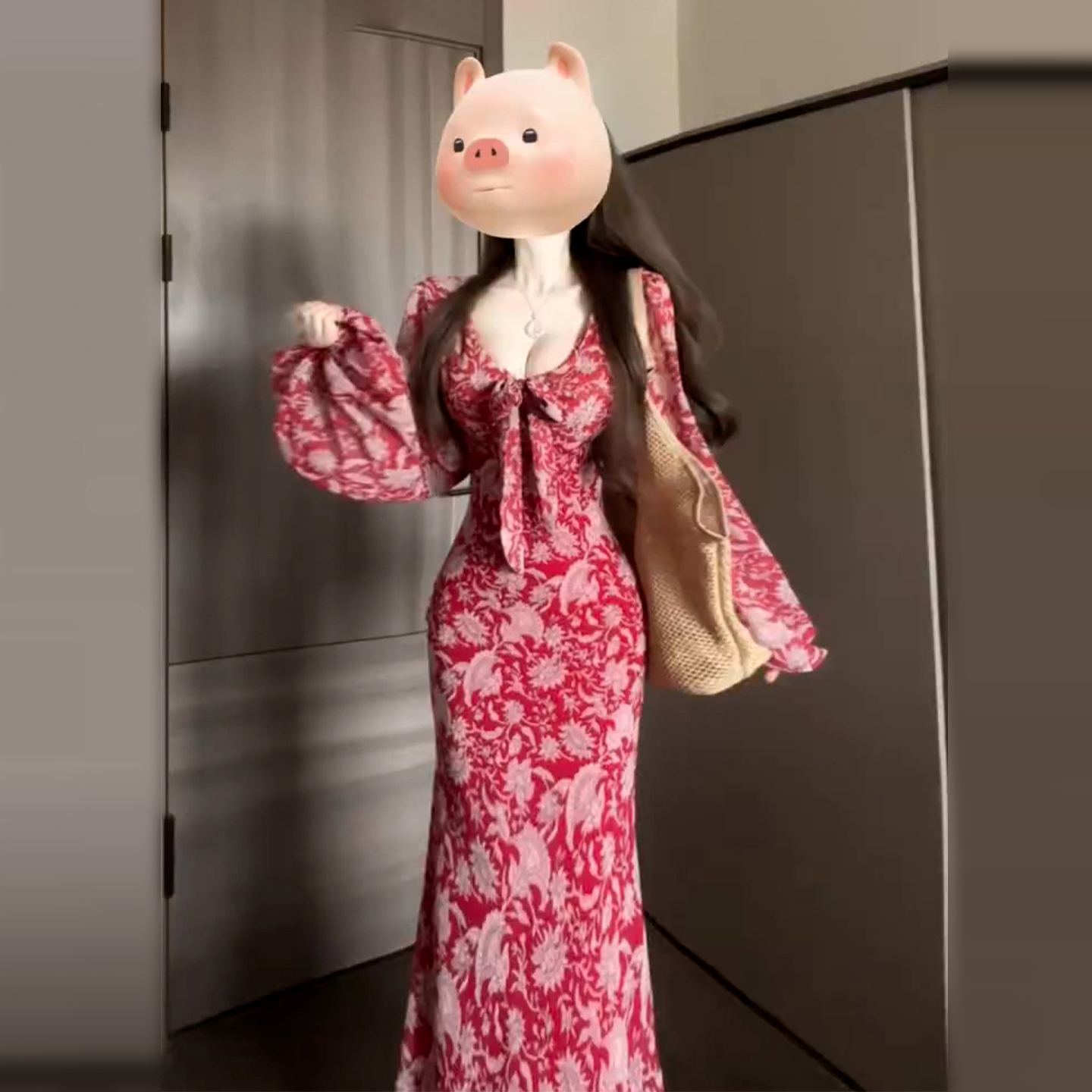 法式复古红色V领碎花连衣裙子女夏季新款高级感收腰包臀鱼尾长裙