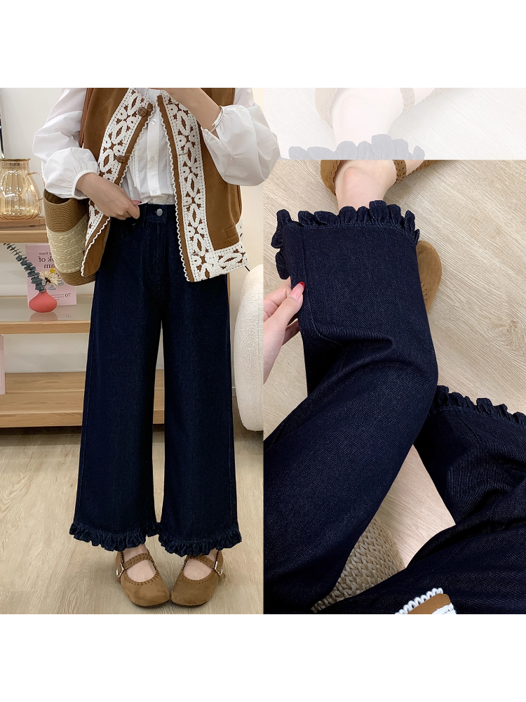 丹宁蓝木耳花边牛仔裤女秋季新款大码胖mm显瘦小个子直筒阔腿裤子