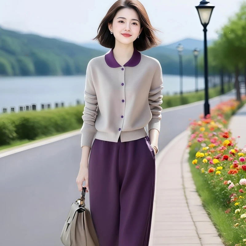 2025春秋新款高级感撞色翻领针织衫时尚休闲气质九分裤两件套女