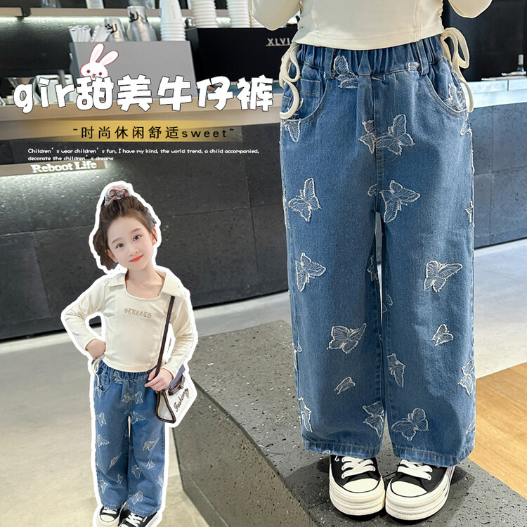 女童窄版阔腿裤2025儿童秋装女童蝴蝶牛仔裤高品质童装洋气穿搭