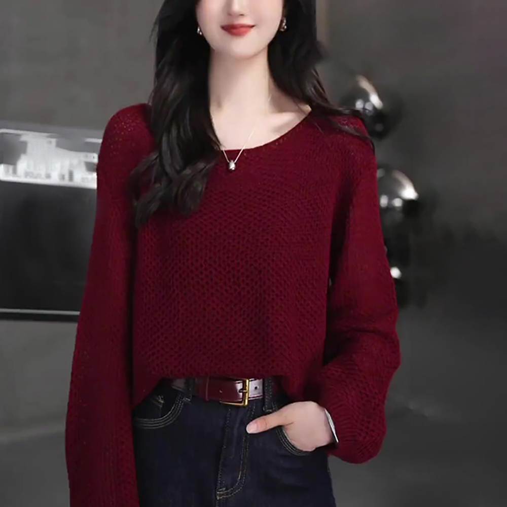 早秋新款女安可拉红长袖针织衫慵懒高级感宽松显瘦休闲毛衣上衣