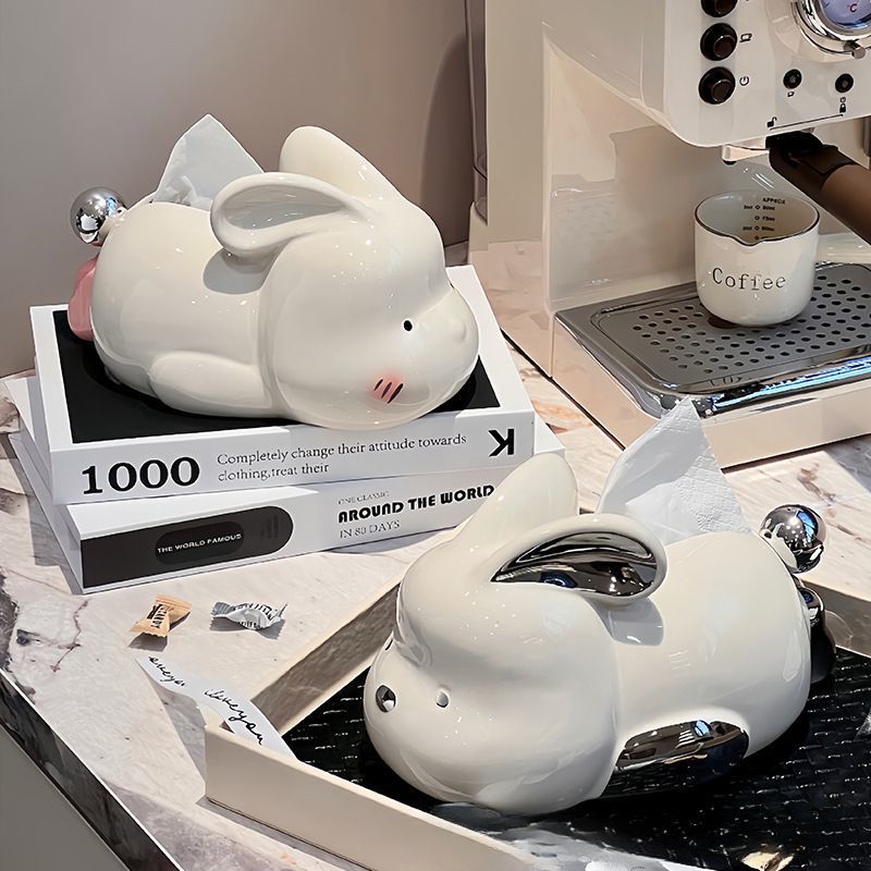 毛绒绒可爱高颜值兔子陶瓷纸巾盒客厅茶几高档创意装饰抽纸盒