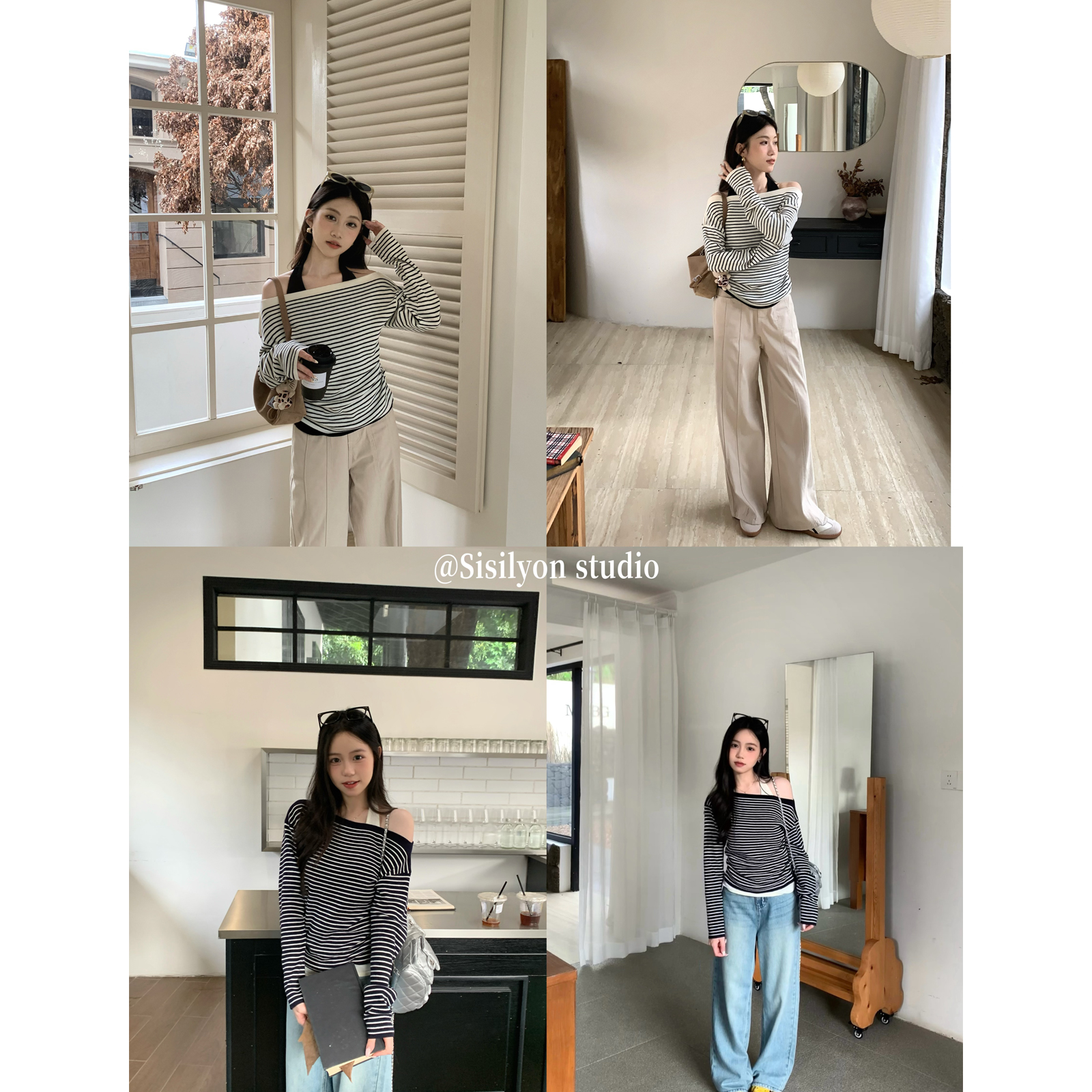 【西西里安】不费力穿搭~韩系挂脖假两件条纹针织衫