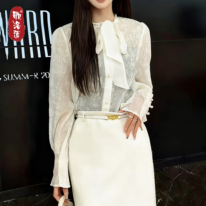 欧洲站法式飘带蝴蝶结微透蕾丝衬衫2025秋季新款宫廷风甜美上衣女