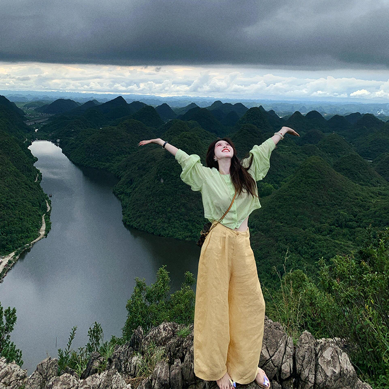 parkyeon夏季新款多巴胺防晒长袖衬衫上衣宽松显瘦阔腿休闲裤套装