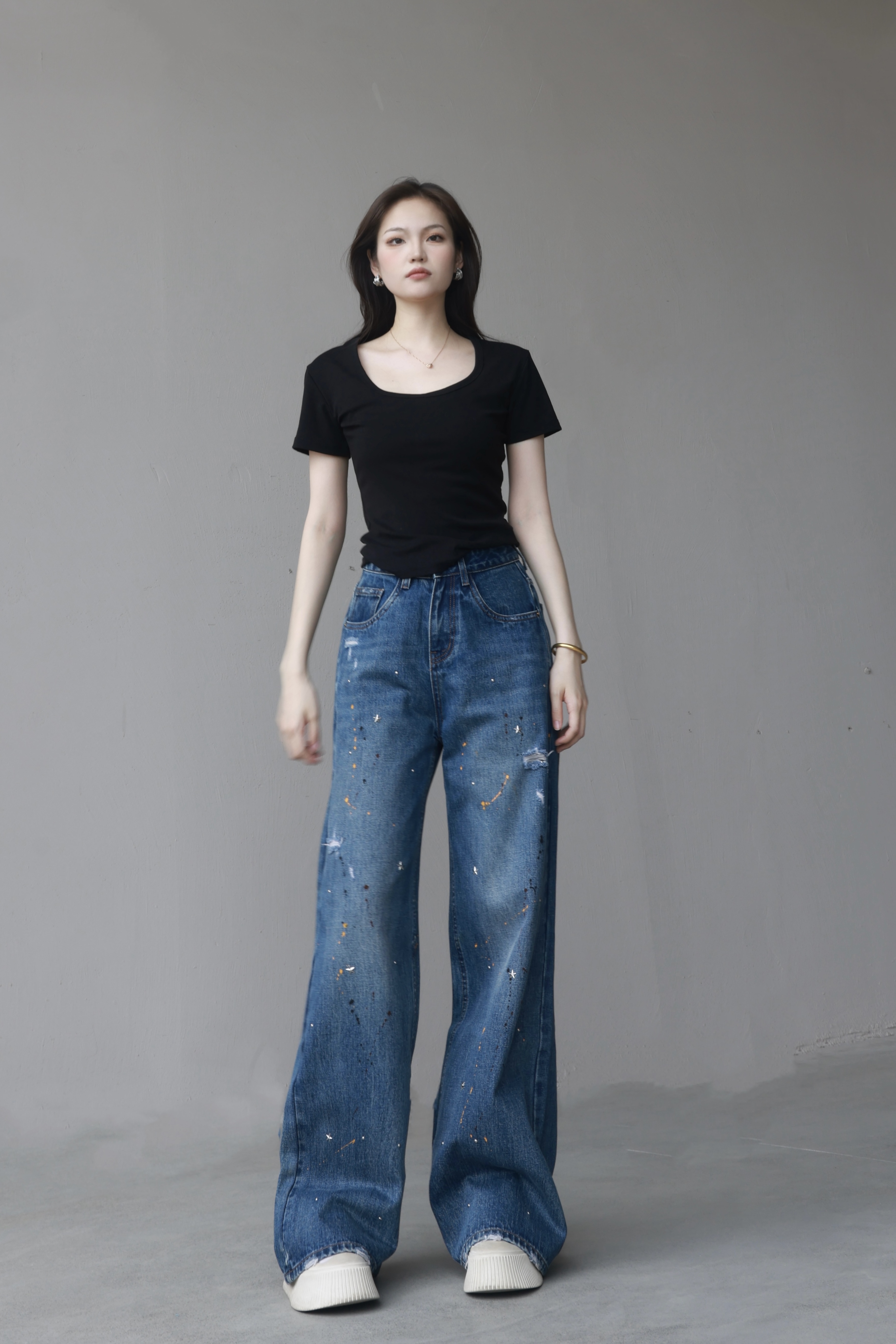 2025四季款设计感泼墨阔腿裤牛仔裤中高腰显瘦宽松百搭9061#