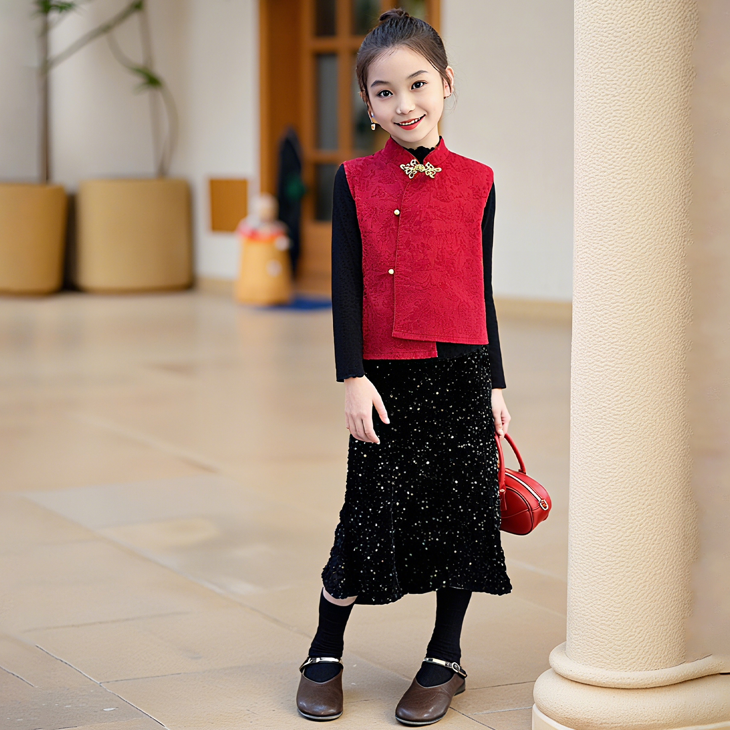 女童新中式国风汉服套装春装2025新款红色马甲鱼尾裙子三件套秋季