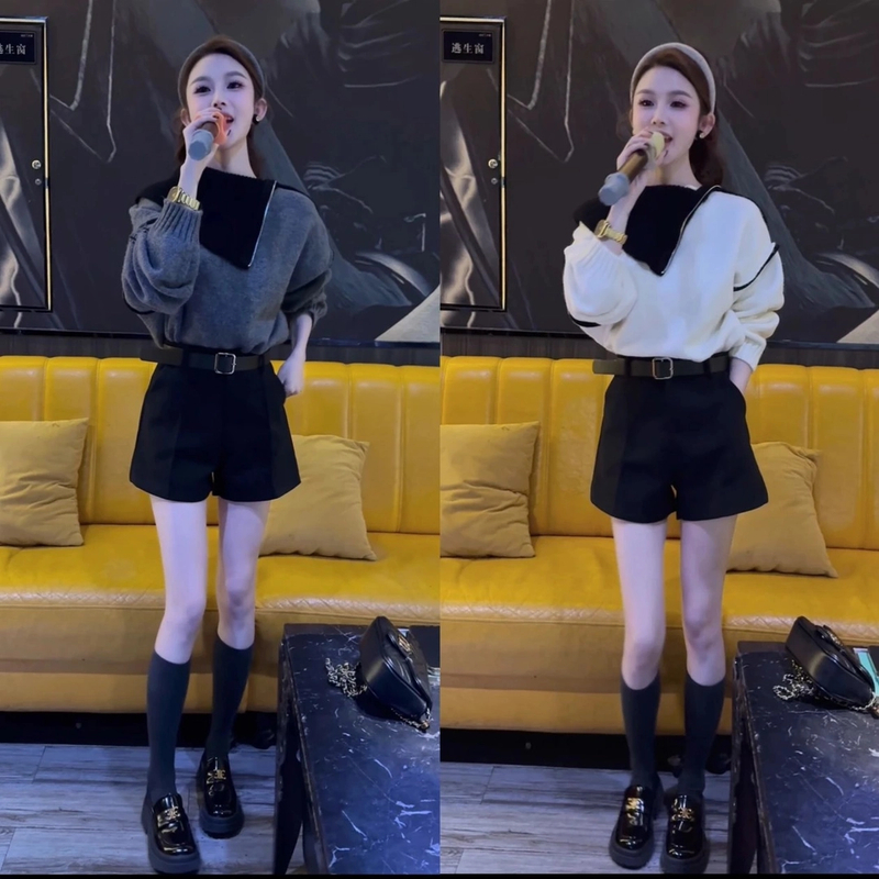 减龄气质拼色不规则拉链设计撞色大翻领露肩针织上衣+短裤套装