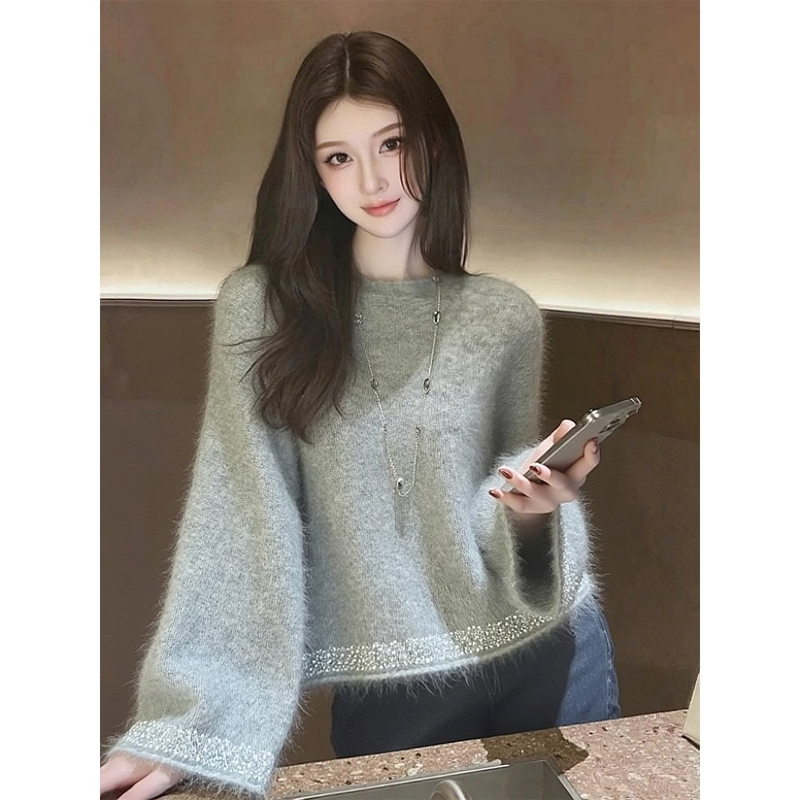 高端小资小上衣宽松慵懒风软糯针织上衣浅灰色套头毛衣女2025秋冬