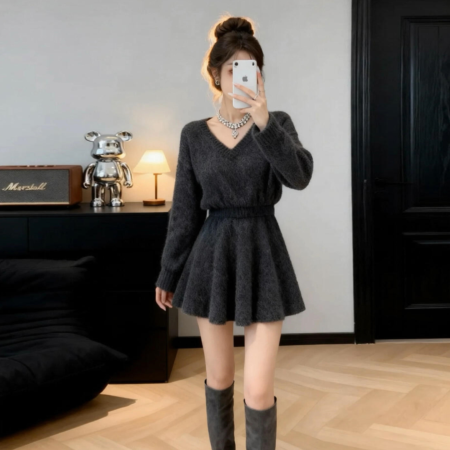 法式高级感灰色毛衣连衣裙子女冬季2026年新款设计感穿搭一整套装