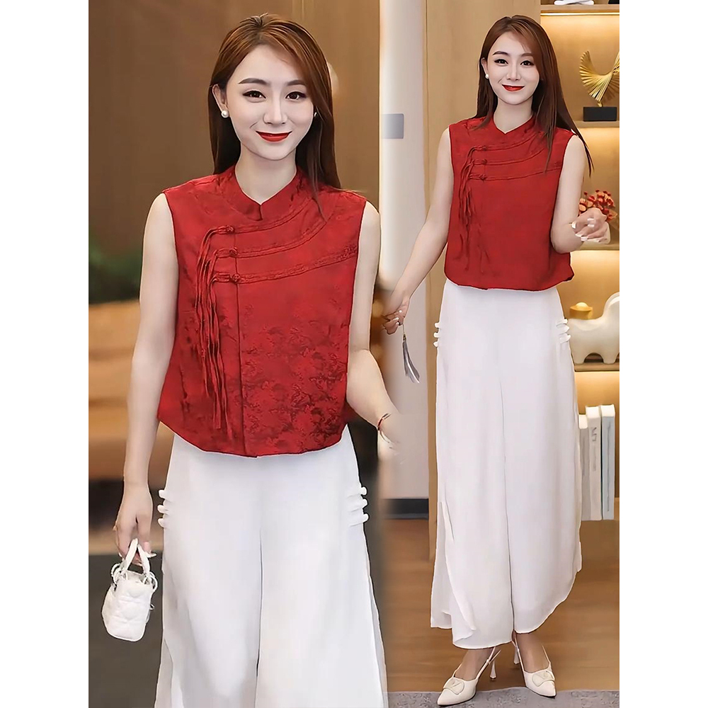 新中式国风无袖盘扣背心阔腿裤时尚套装夏季新款复古立领两件套潮