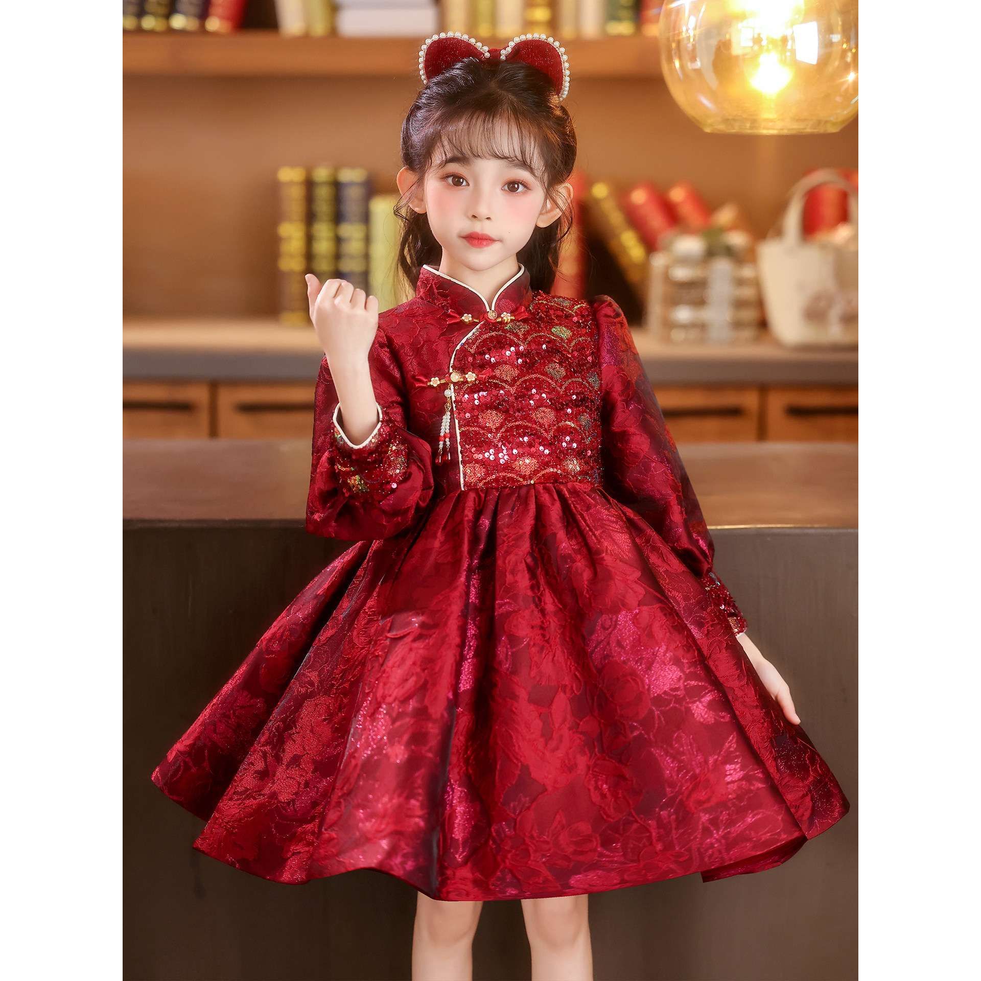 FAVMARTHA女童礼儿童装连衣裙子2025新款秋冬装加绒新年装旗袍汉