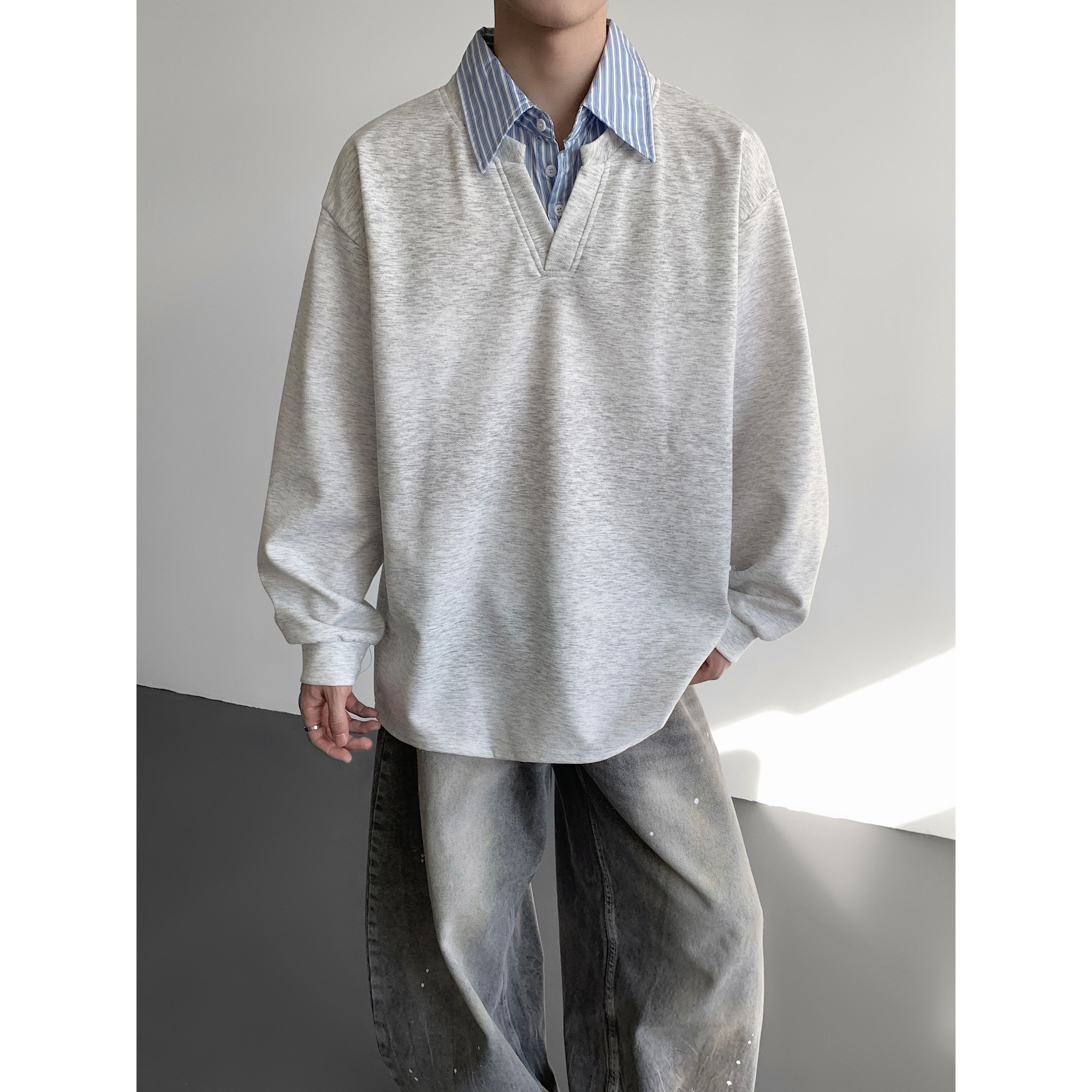 假两件衬衫领长袖卫衣男春秋日系复古潮牌套头衫宽松情侣上衣外套